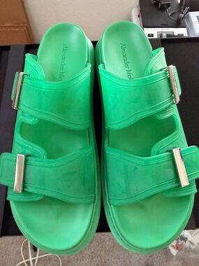 Alexander McQueen Neon Green Buckle Jelly Slides
